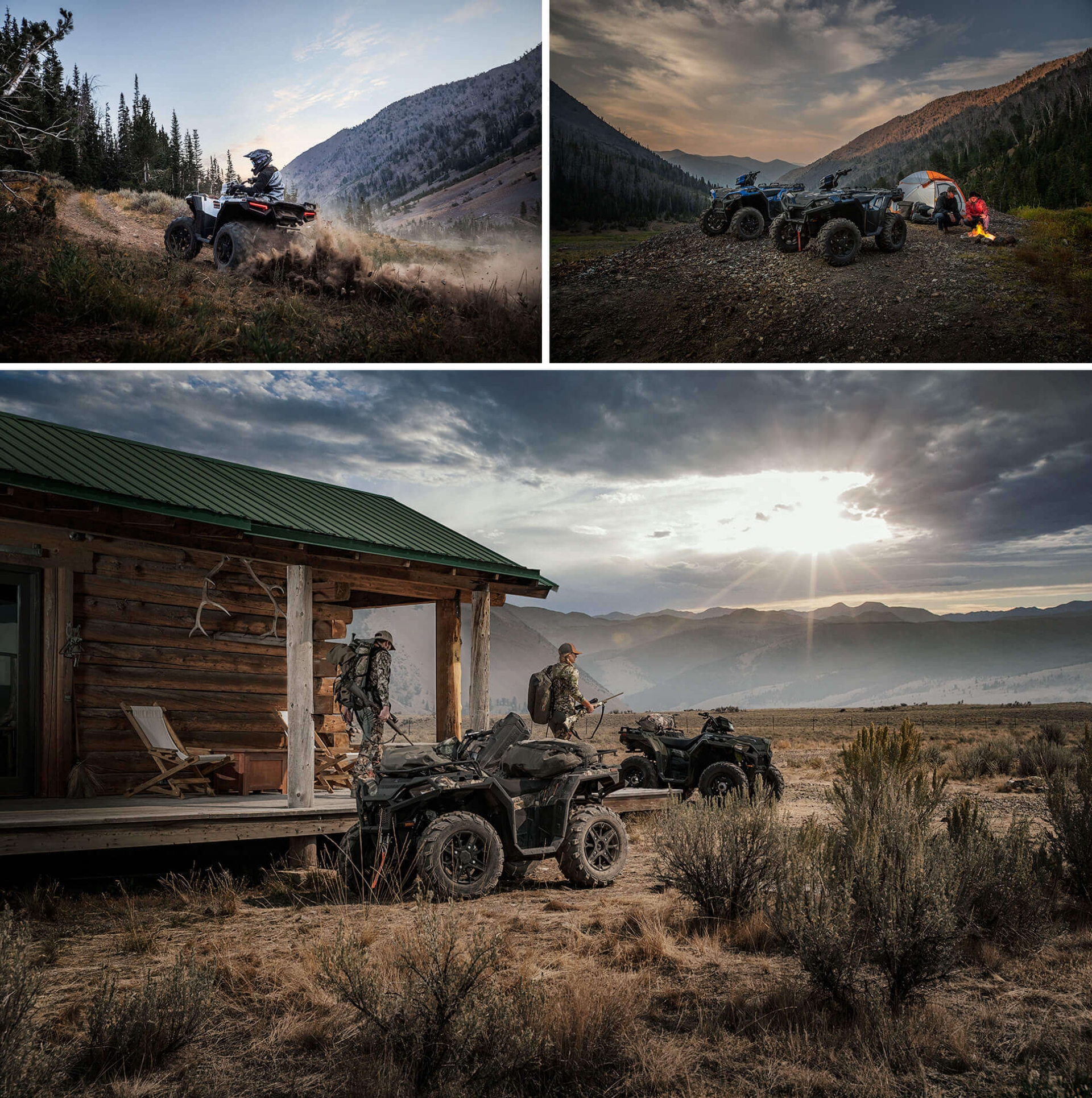 collage of hunters camping with their polaris atvs